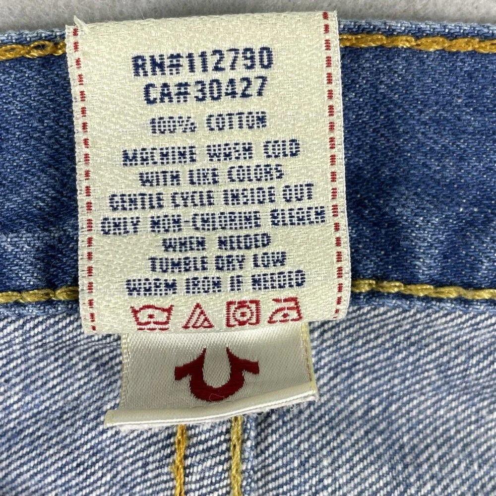 True Religion Jeans Mens 32 Blue Billy Straight Distressed Button Fly Made USA